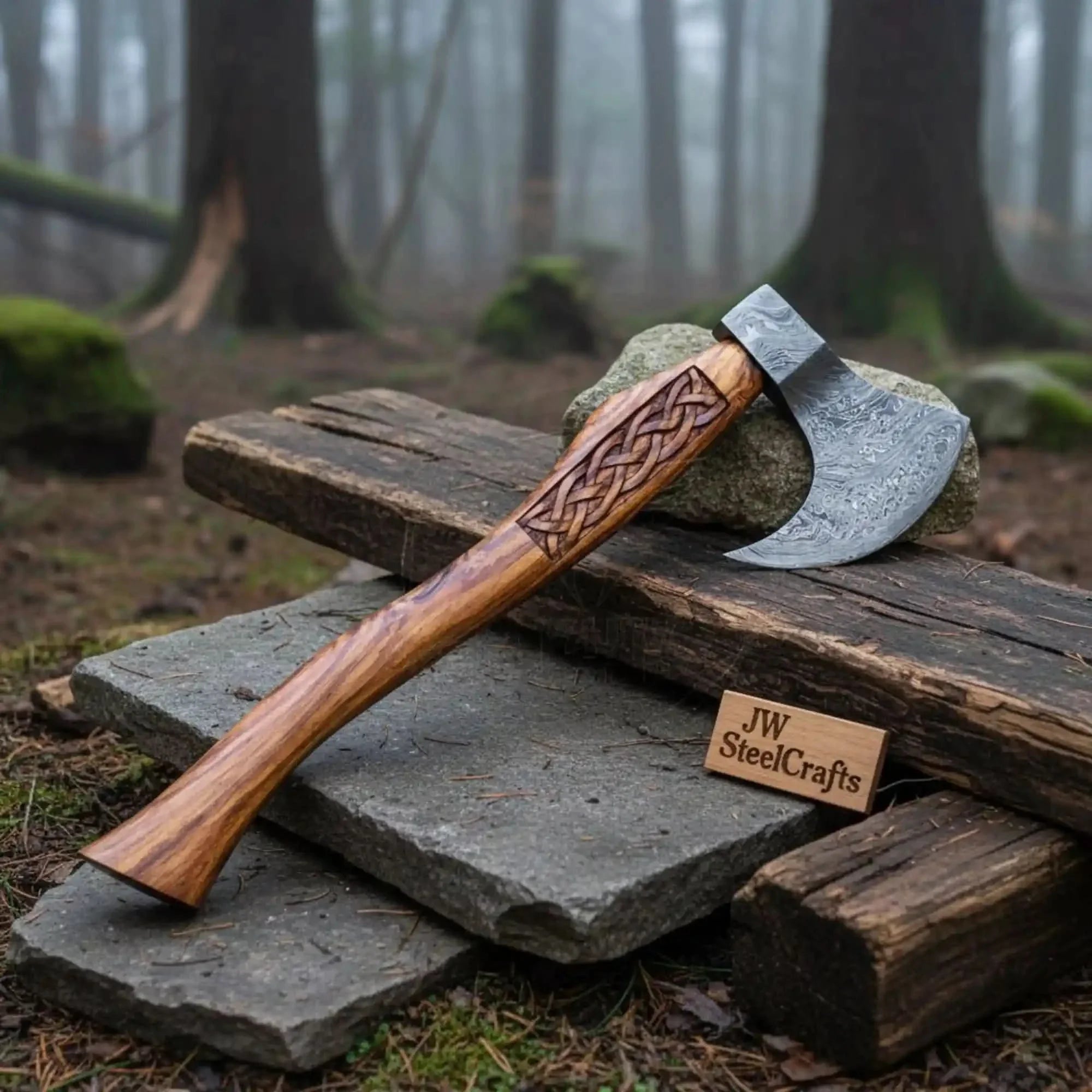 Damascus steel axe head with wood handle on rustic wood surface
