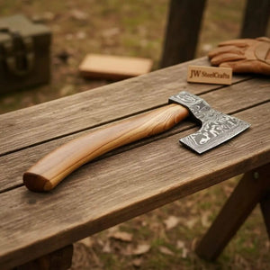 Damascus steel axe head with wood handle on rustic wood surface