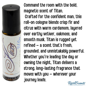 Titan roll-on cologne in a brown glass bottle with a black cap. "ResilScents" logo is displayed.
