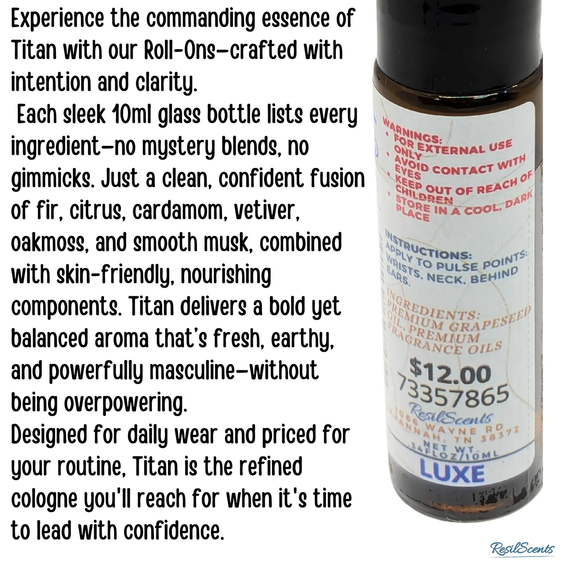 Titan Roll-On Oil fragrance bottle with ingredients label, price, and brand name. 