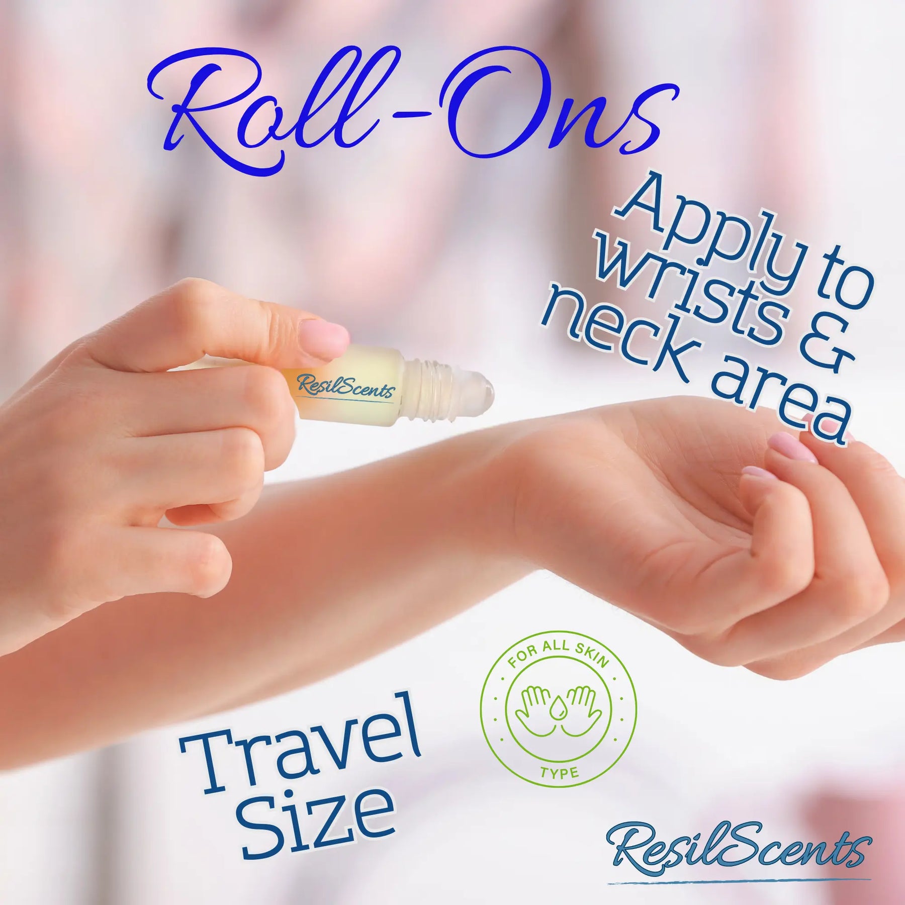 Roll-on fragrance oil being applied to a wrist, featuring ResilScents branding and a "for all skin types" label. Travel size.