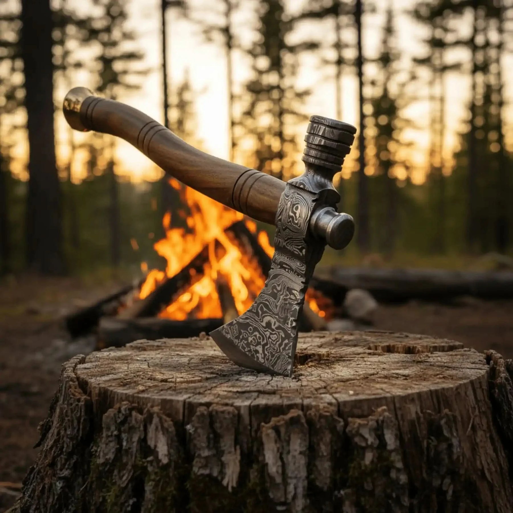 Damascus steel axe head with premium handle on rustic wood surface