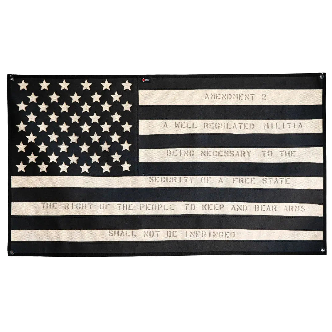Black and white American flag featuring the text of the Second Amendment.