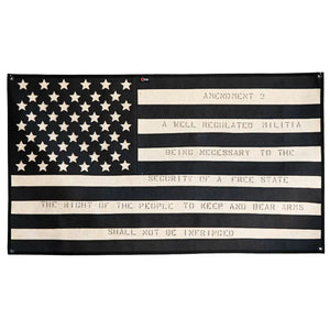 Black and white American flag featuring the text of the Second Amendment.