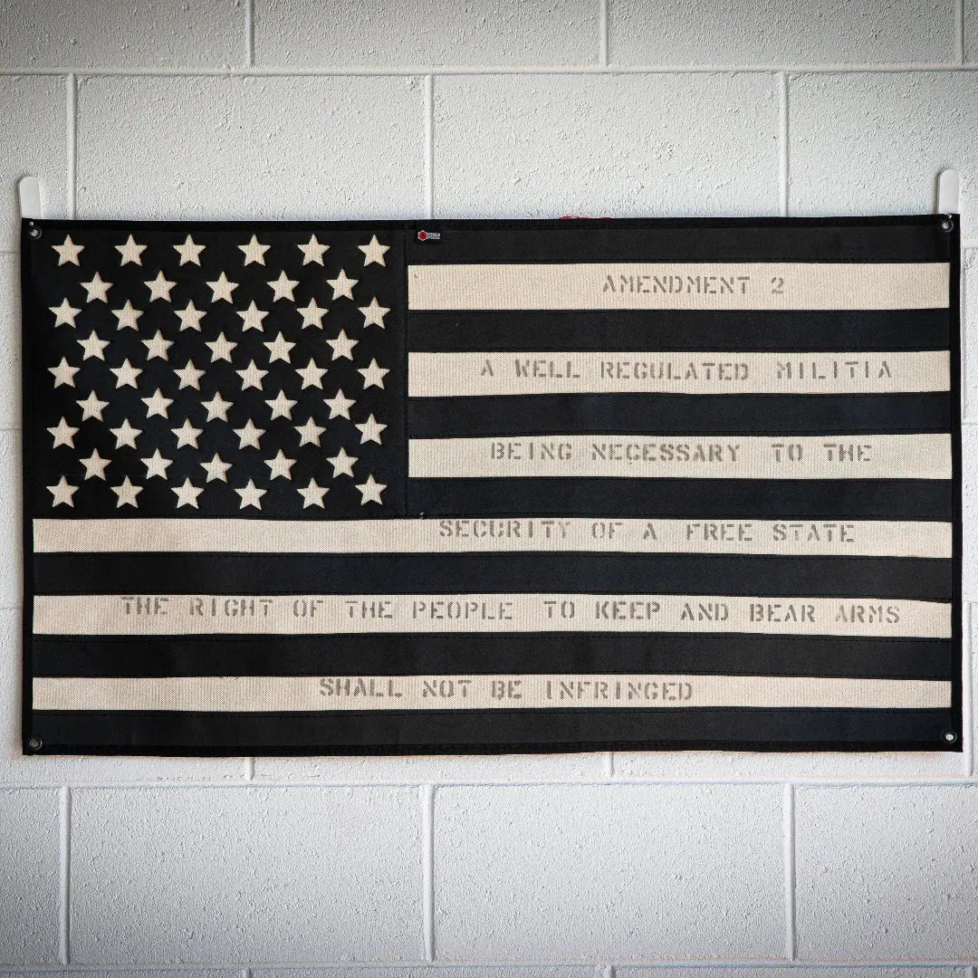 Black and white US flag displaying Second Amendment text, stars, and stripes.