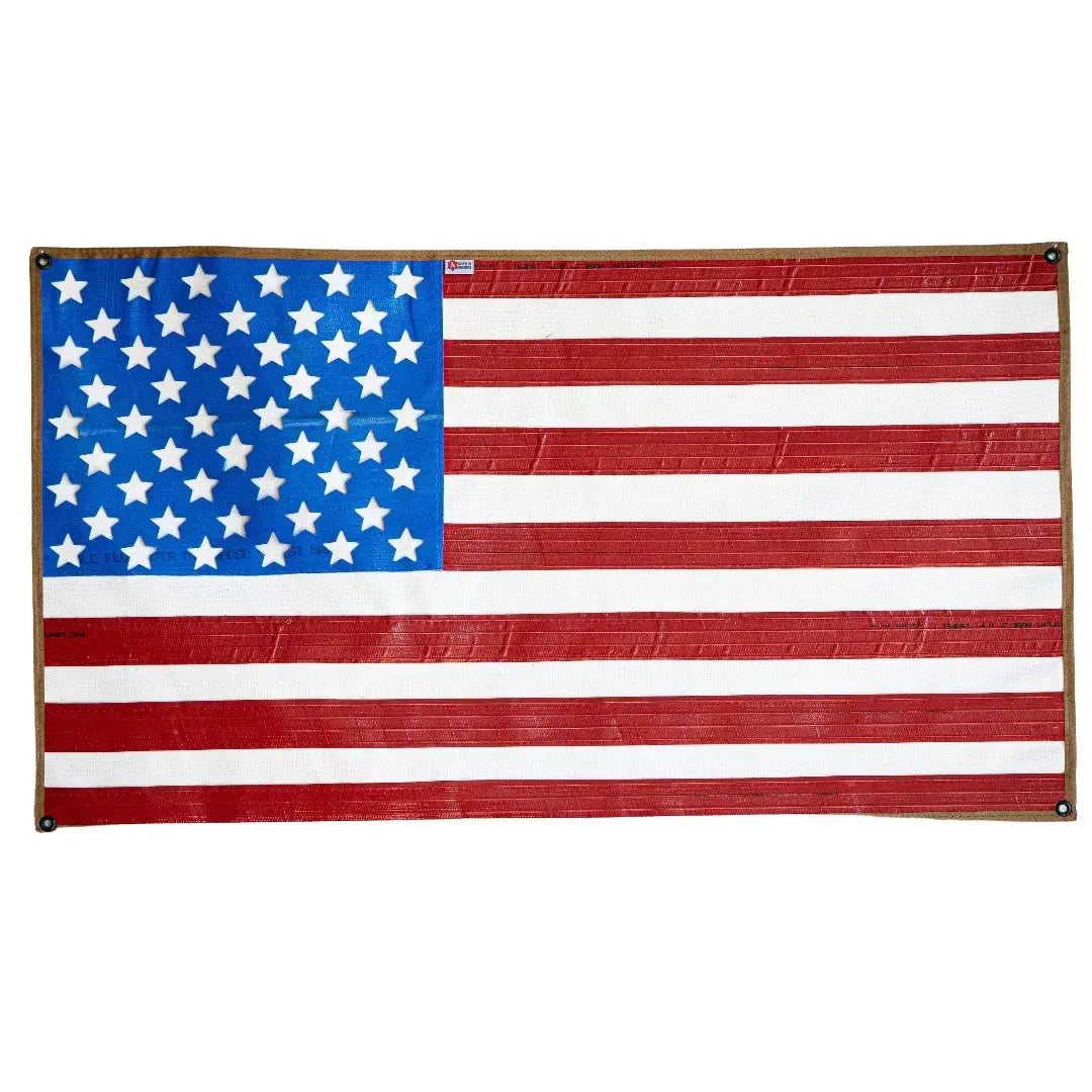 American flag made from waterproof recycled rubber fire hose with brass grommets.