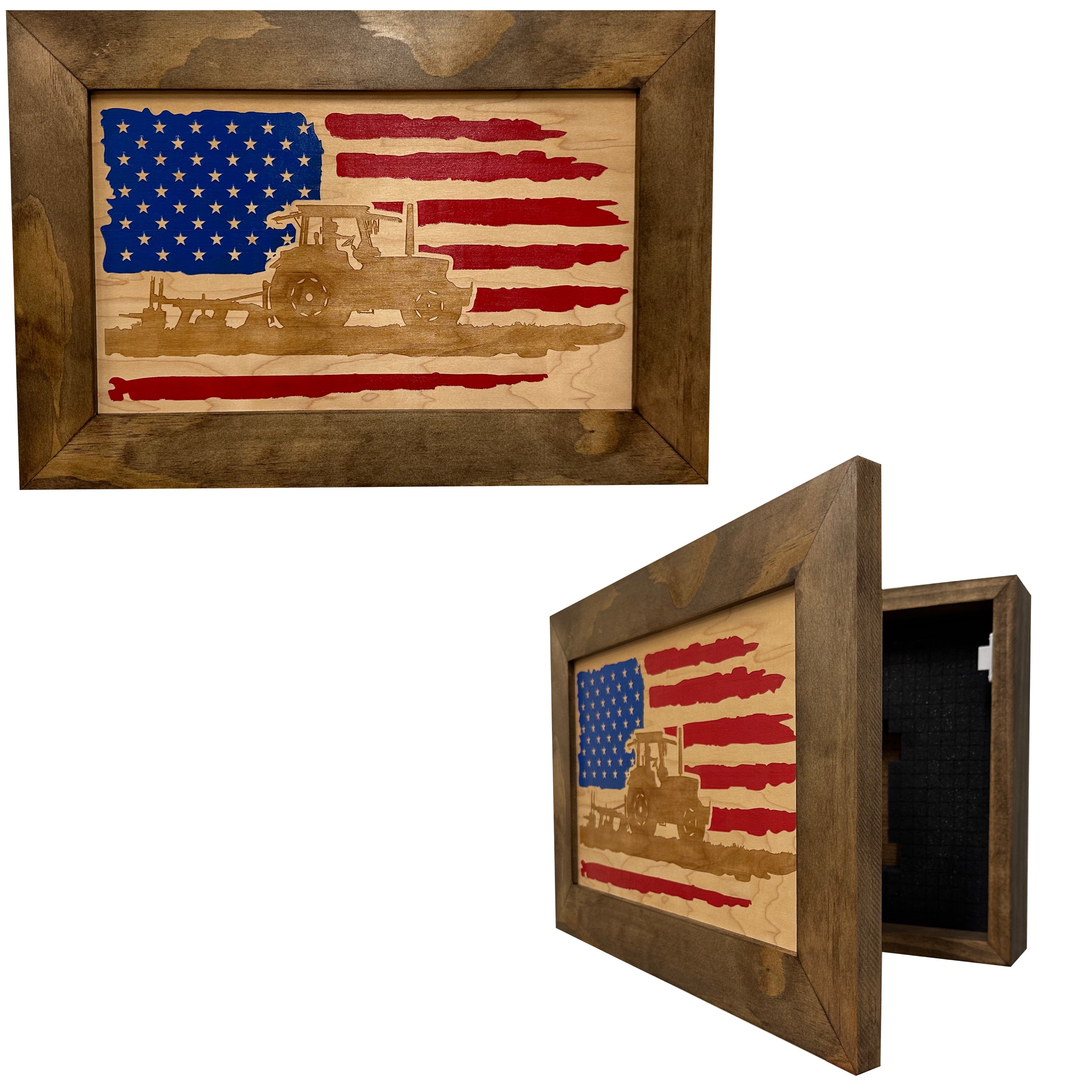 Locking Gun Cabinet Wall Mounted with American Flag and Farmer Patriotic Decorative Front by Bellewood Designs, Southern home decor main product photo