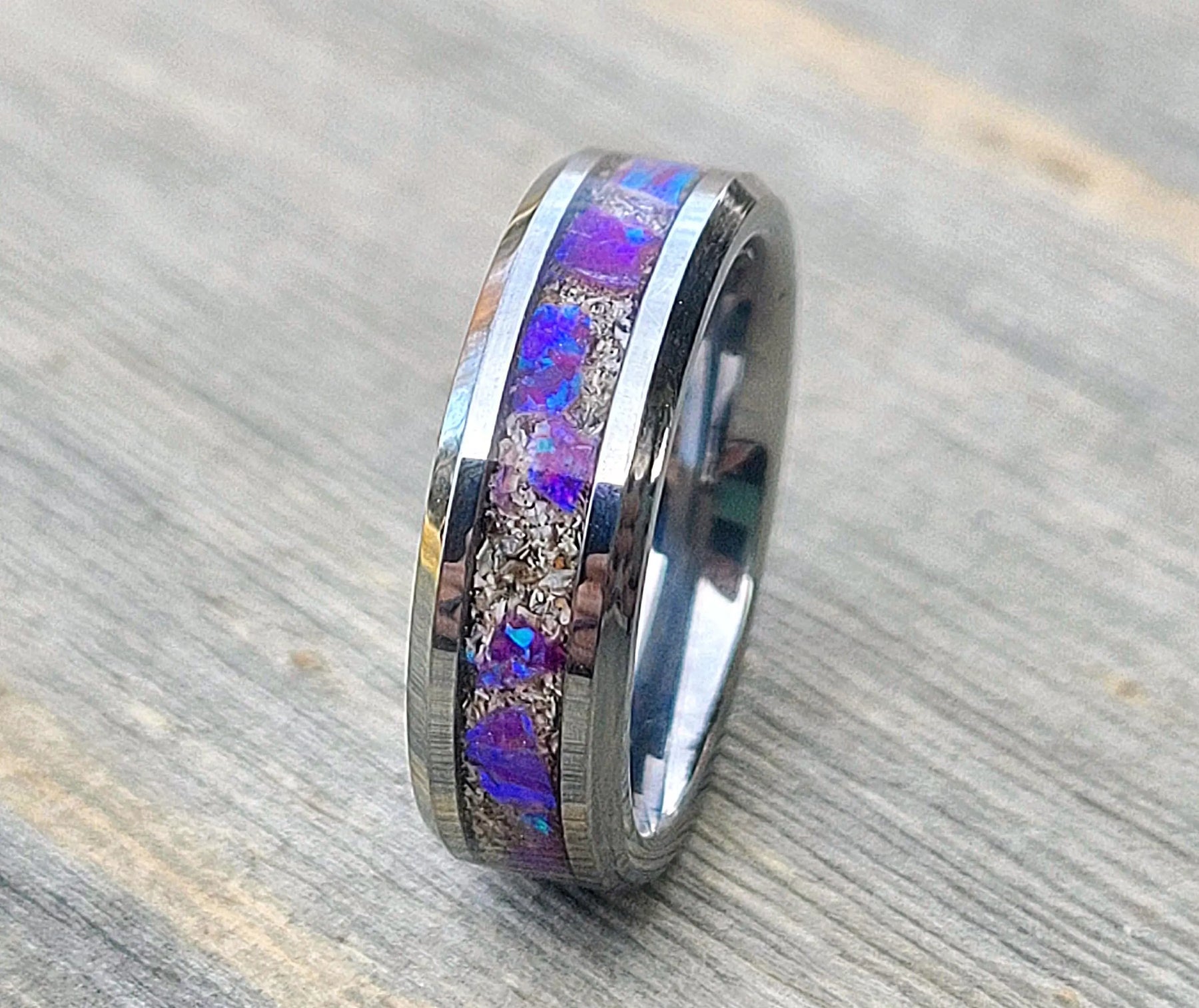 Amethyst opal ring with cremation ashes inlay. Memorial jewelry with silver band. Ashes ring