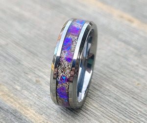 Amethyst opal ring with cremation ashes inlay. Memorial jewelry with silver band. Ashes ring