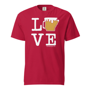Red t-shirt with a white graphic of the word "LOVE" and an Arkansas-shaped beer mug.