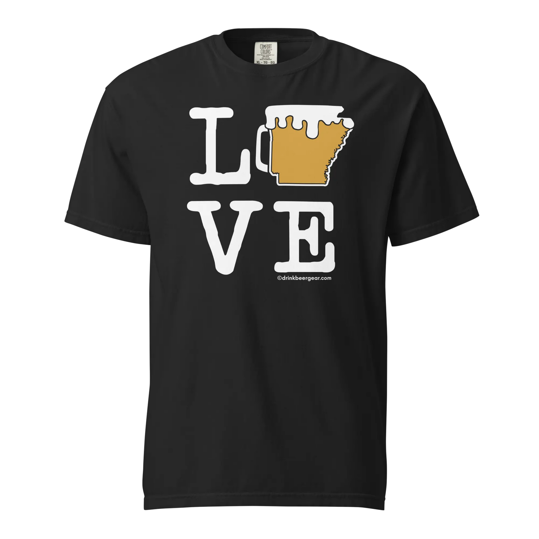 Black t-shirt featuring a "LOVE" graphic with an Arkansas-shaped beer mug design. 