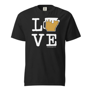 Black t-shirt featuring a "LOVE" graphic with an Arkansas-shaped beer mug design. 