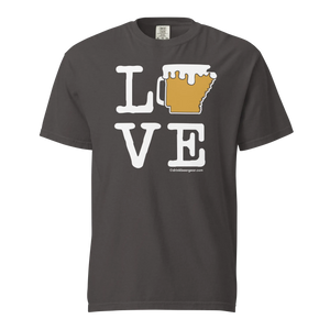 Gray t-shirt with LOVE graphic: Arkansas-shaped beer mug for the letter O. Drink Beer Gear design on a Comfort Colors brand tee.