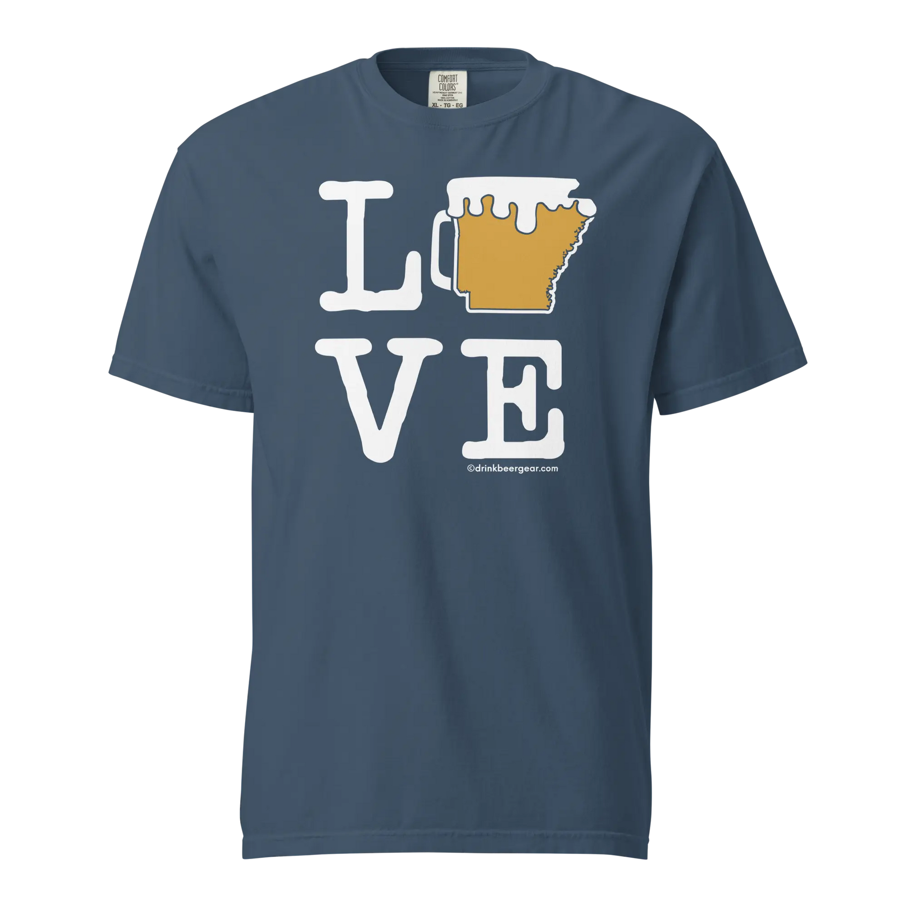 Arkansas beer mug tee: "LOVE" design on a Comfort Colors brand shirt, state outline beer mug illustration.