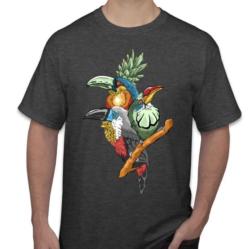 Dark grey t-shirt with colorful toucan and pineapple graphic.