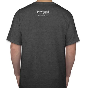Dark grey t-shirt with "Powerful Pepper Co." logo on the back.