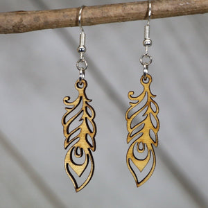 Art Nouveau Feather Wooden Dangle Earrings | Elegant Jewelry