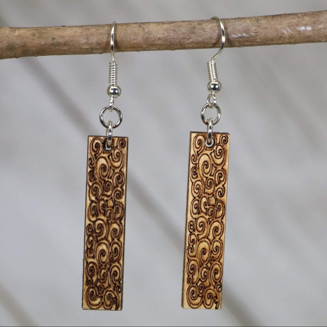 Art Nouveau Swirl Bar Wooden Dangle Earrings | Elegant Jewelry