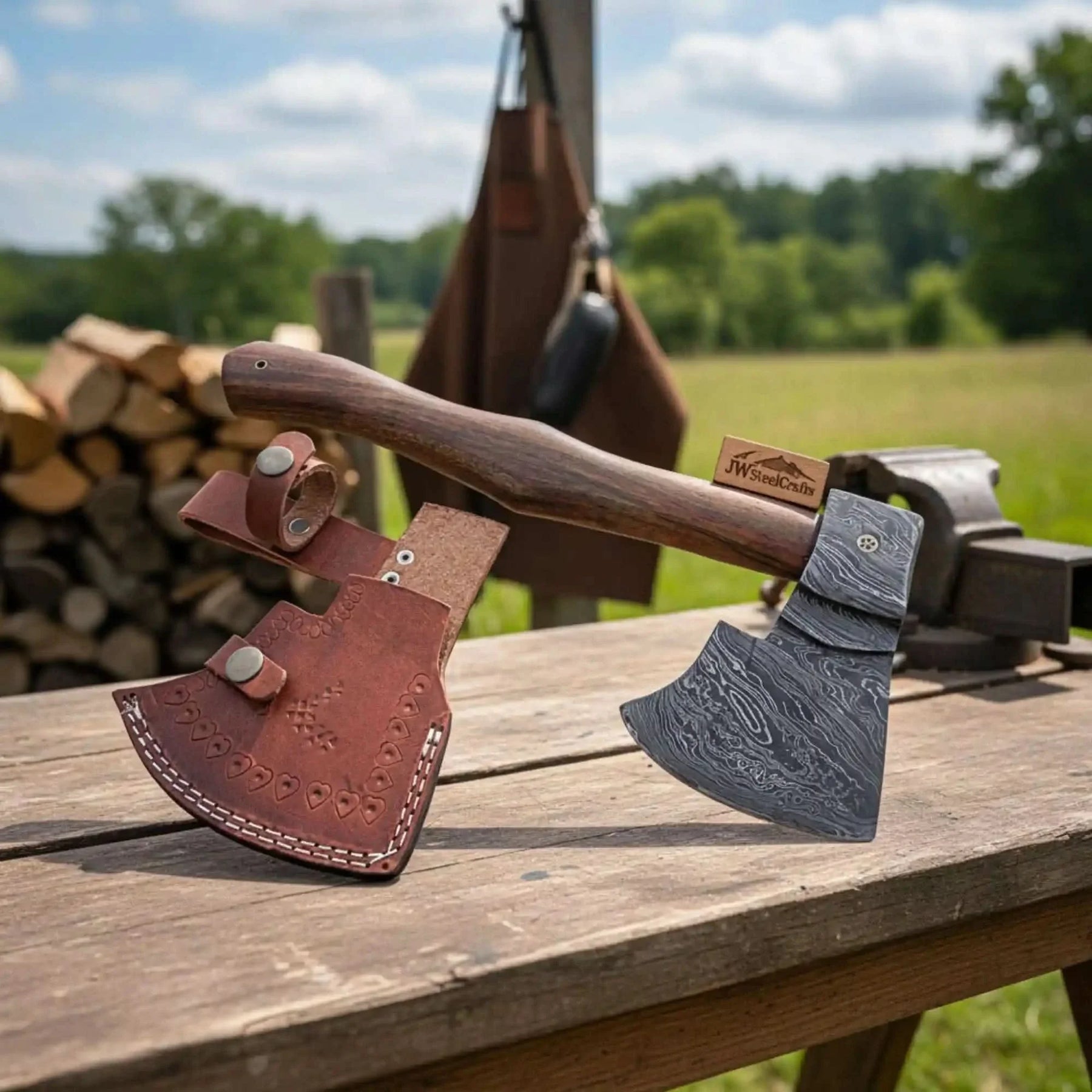 Damascus steel axe head with wood handle on rustic wood surface