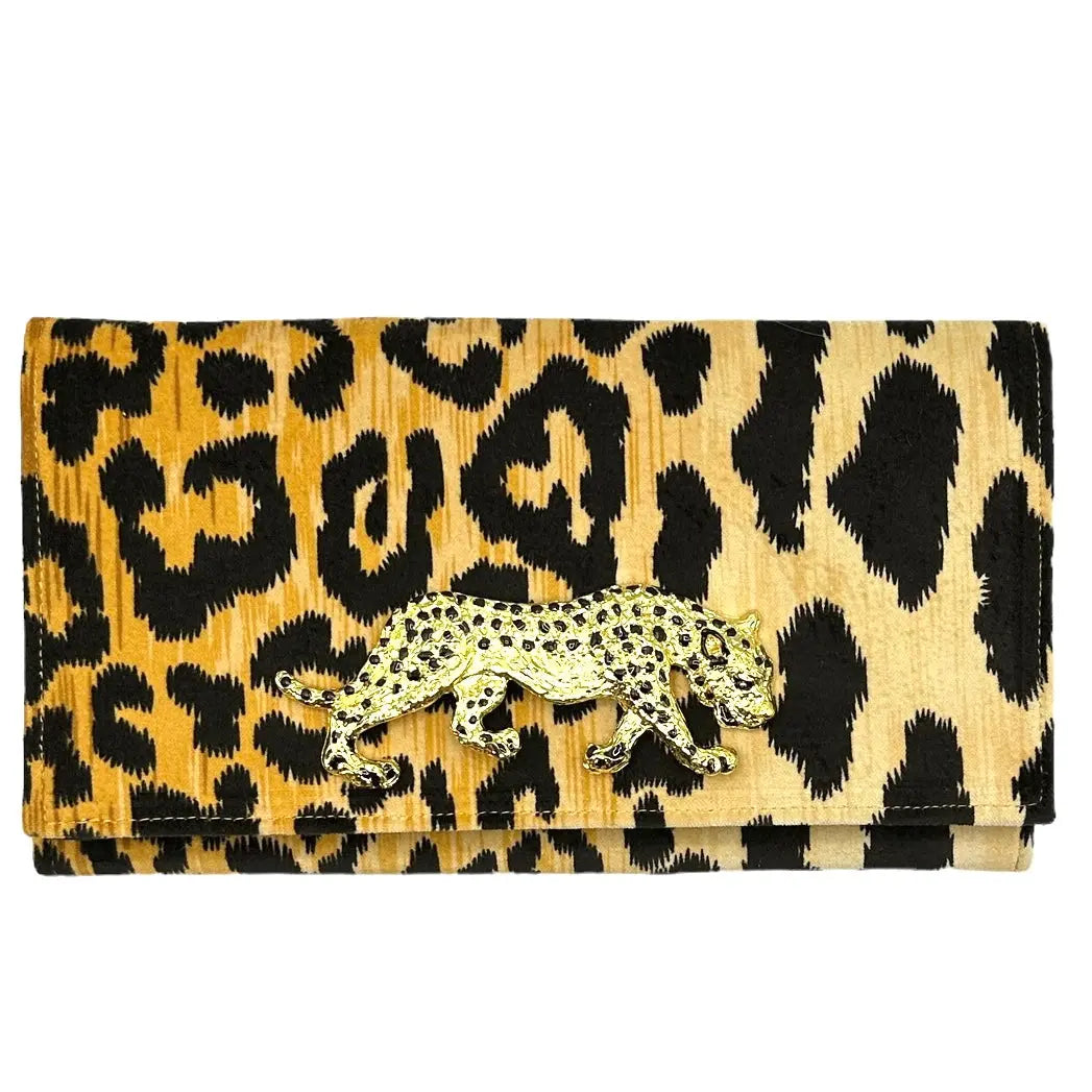 Leopard print clutch with gold jaguar embellishment