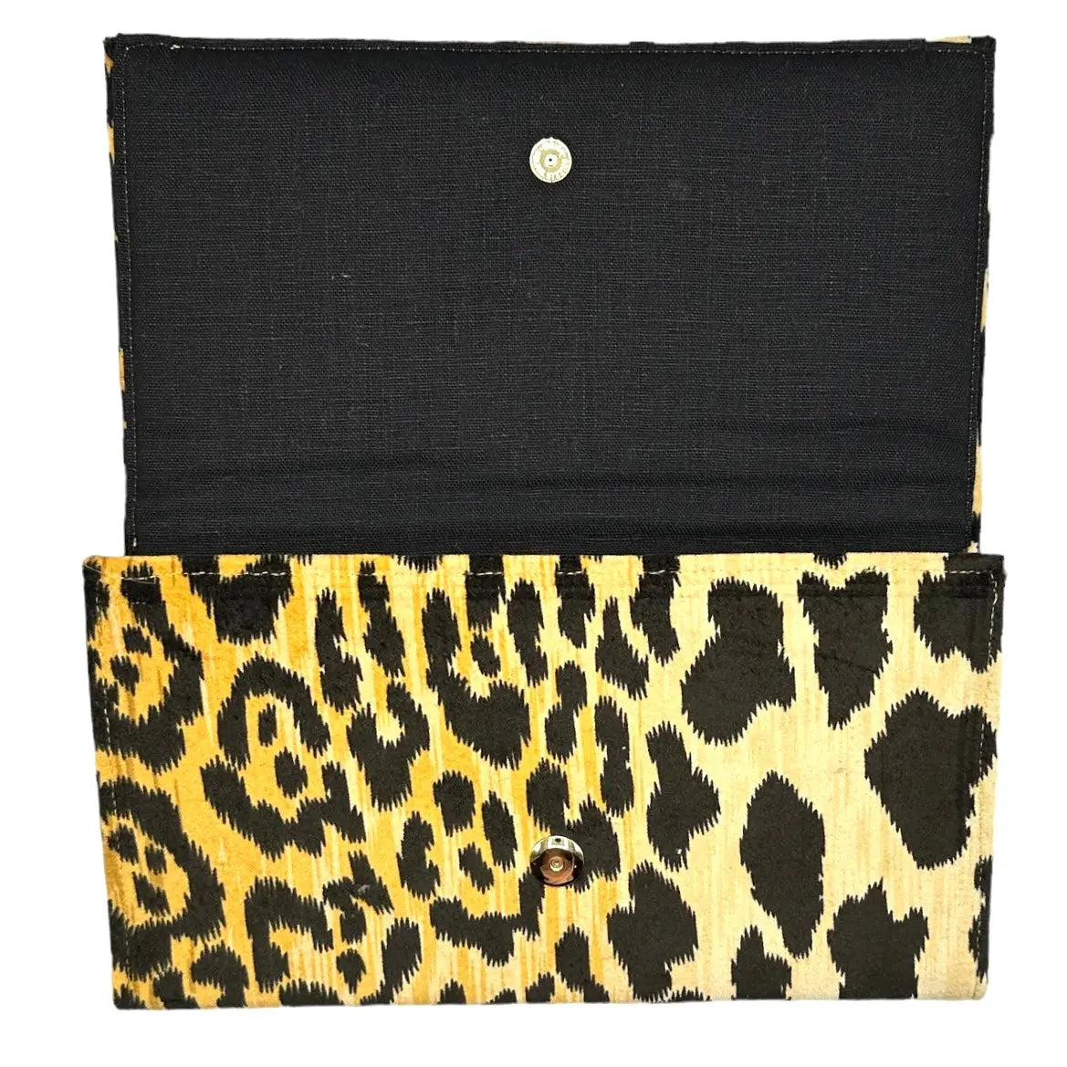 ASHLEY CLUTCH leopard print velvet clutch with magnetic snap closure and black linen interior.
