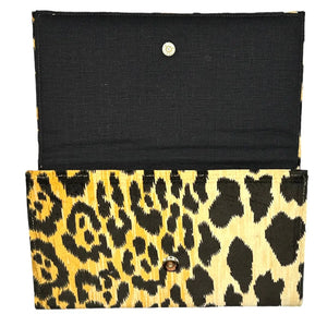 ASHLEY CLUTCH leopard print velvet clutch with magnetic snap closure and black linen interior.