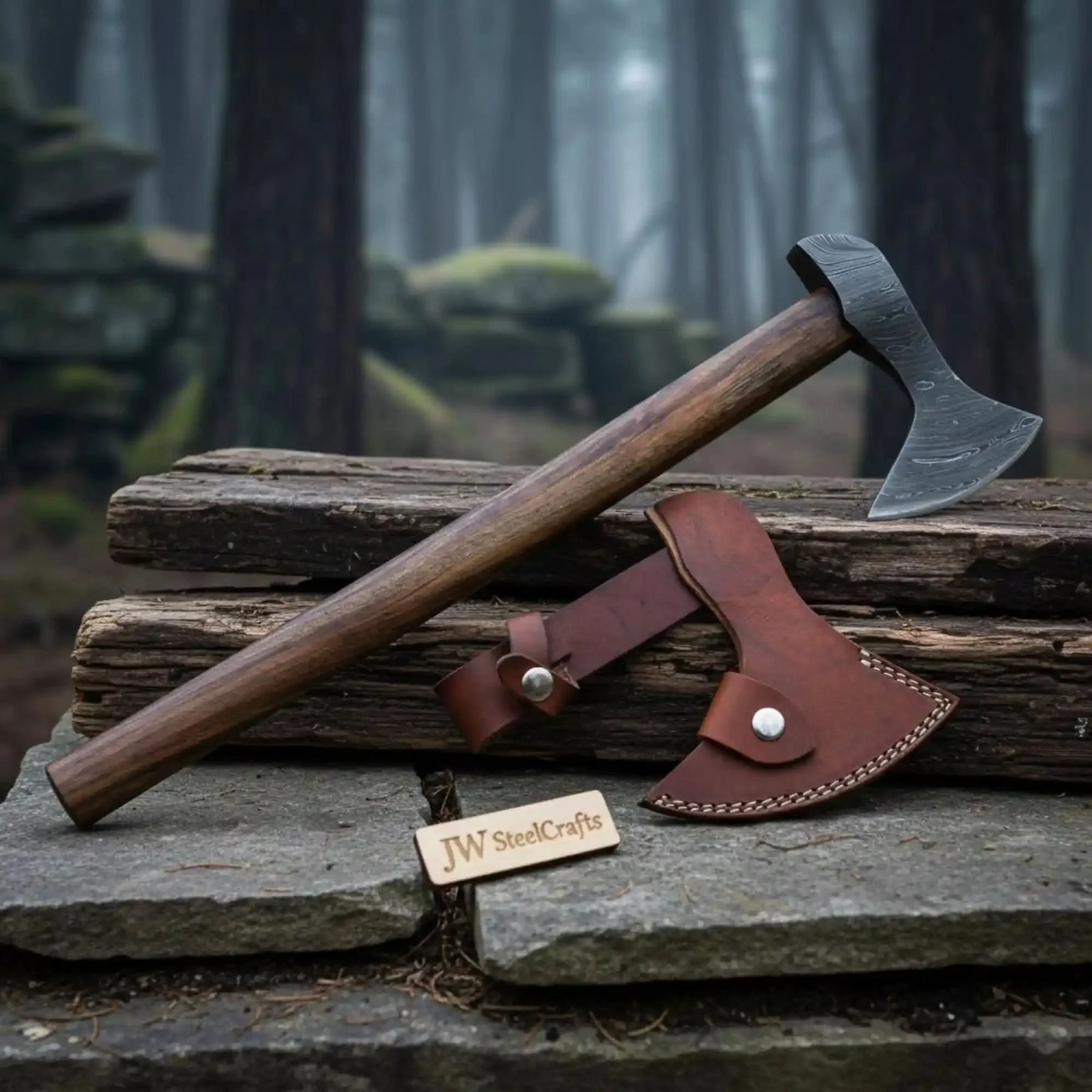 Damascus steel axe head with wood handle on rustic wood surface