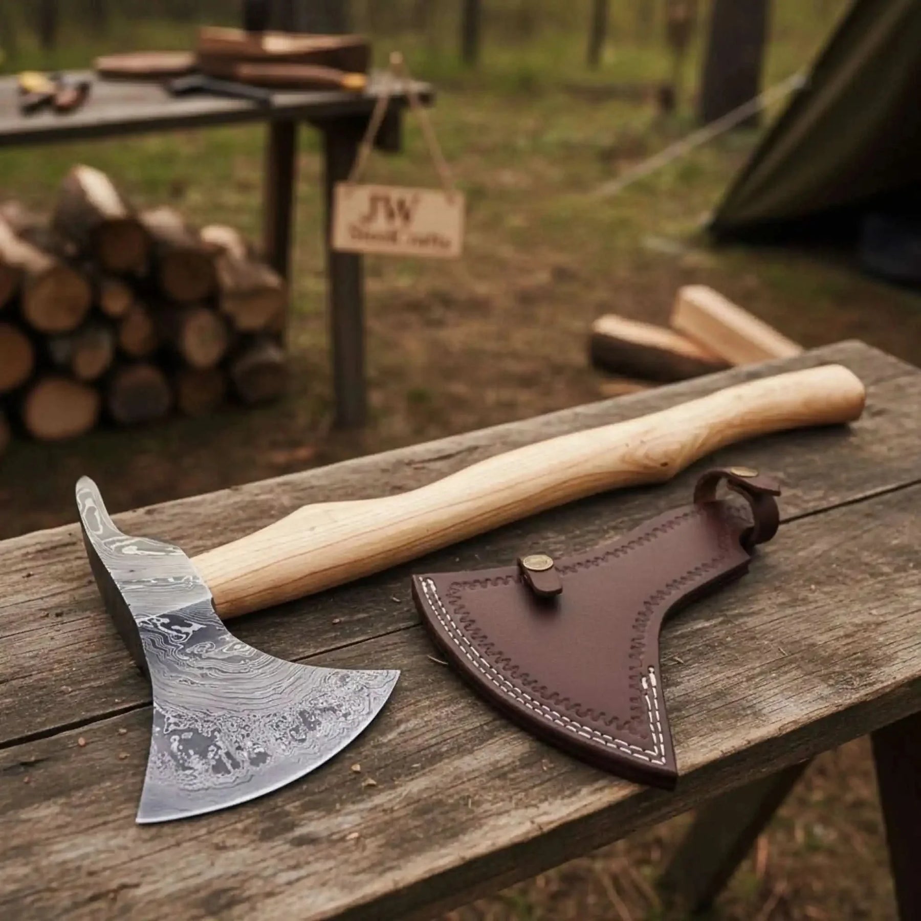 Damascus steel axe head with leather handle on rustic wood surface