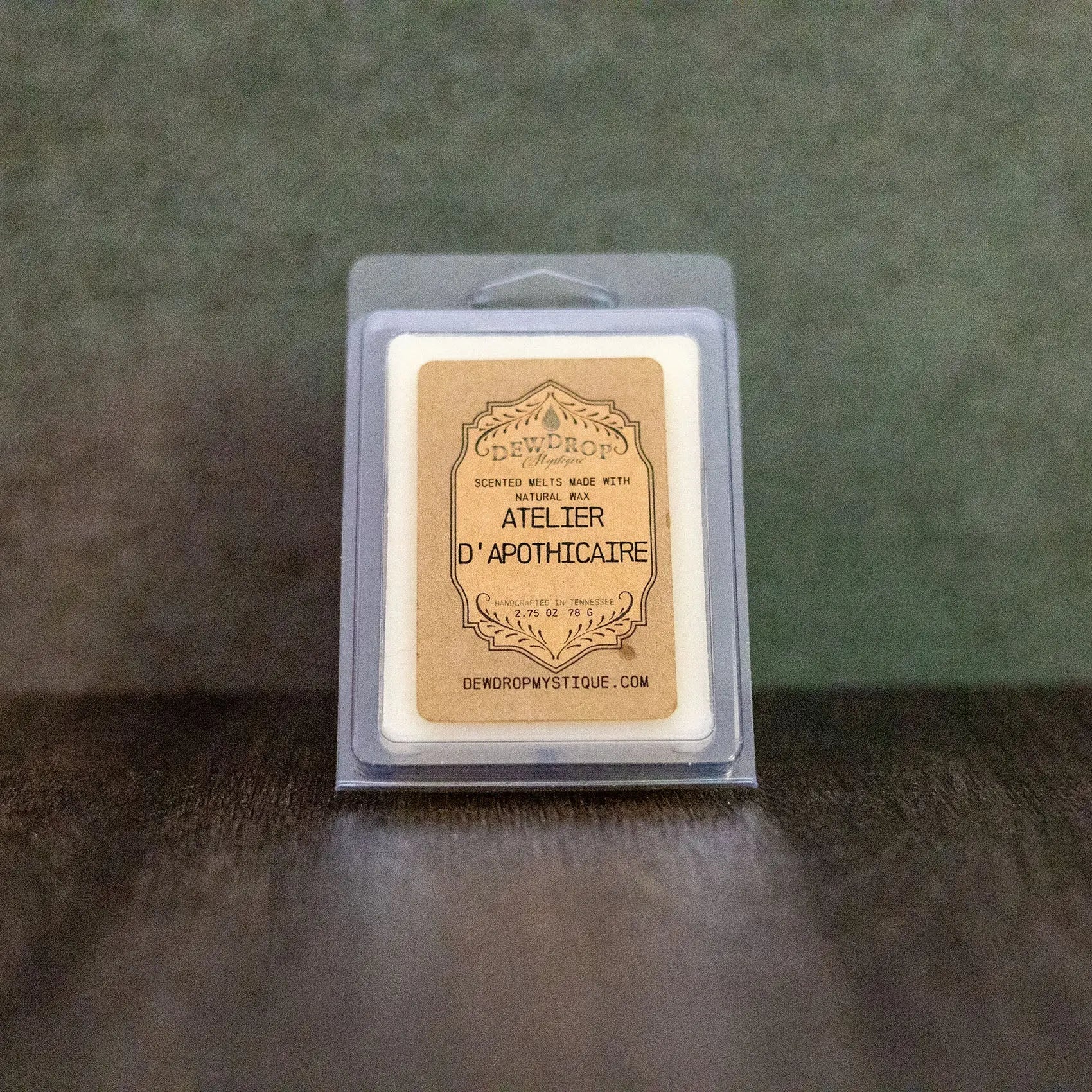 Dewdrop Mystique Atelier D'Apothicaire Wax Melt in Plastic Clamshell Packaging. Scented Wax Melt Product. 
