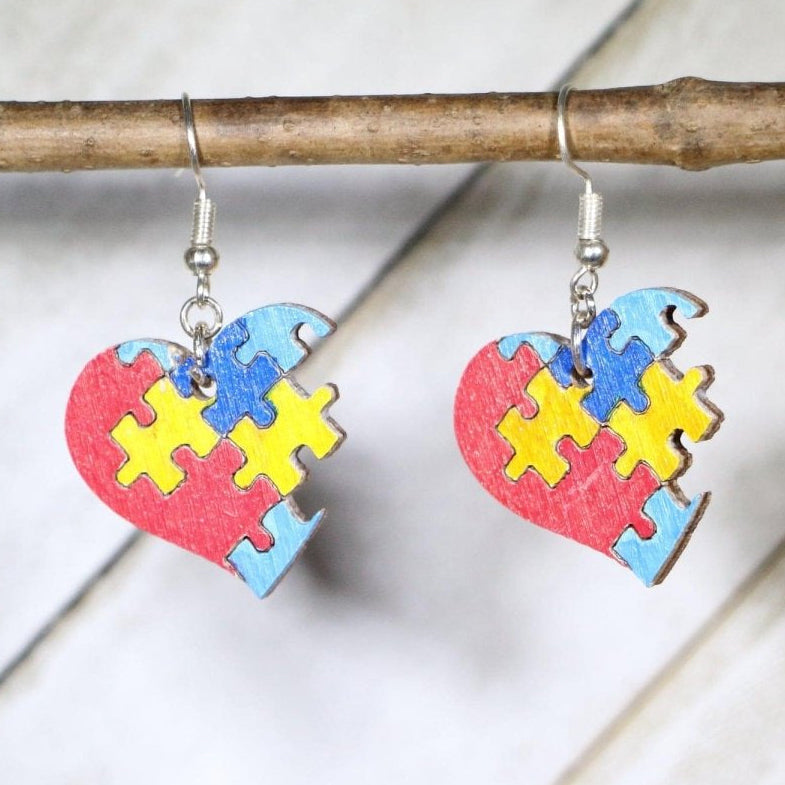 Autism Puzzle Heart Wooden Dangle Earrings | Awareness Jewelry