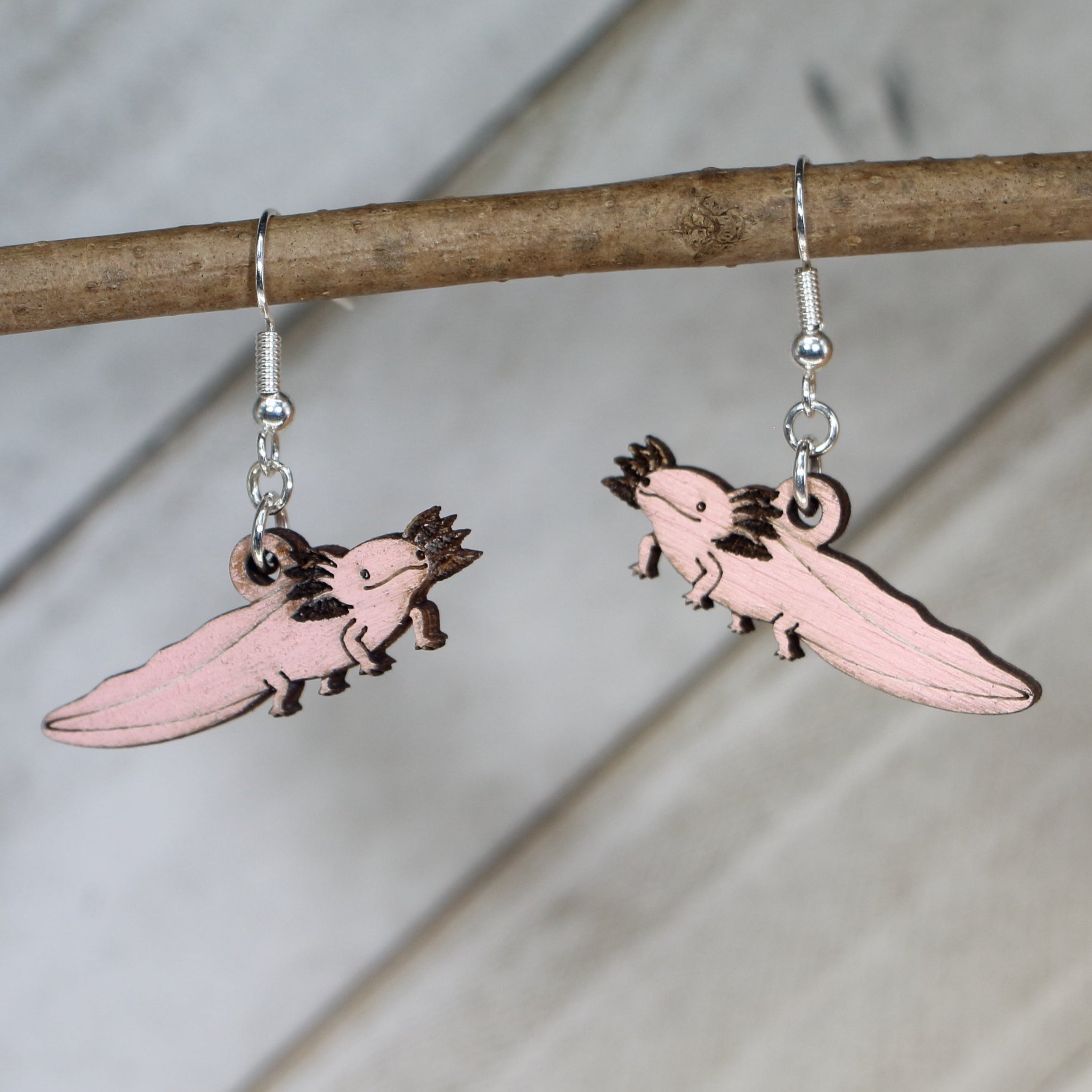 Axolotl Wooden Dangle Earrings | Cute Amphibian Animal Jewelry