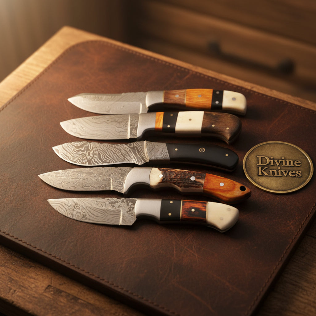 Skinning Knife Set of 5 with Bone, Stag and Exotic Wood Handle Scales by Divine Knives
