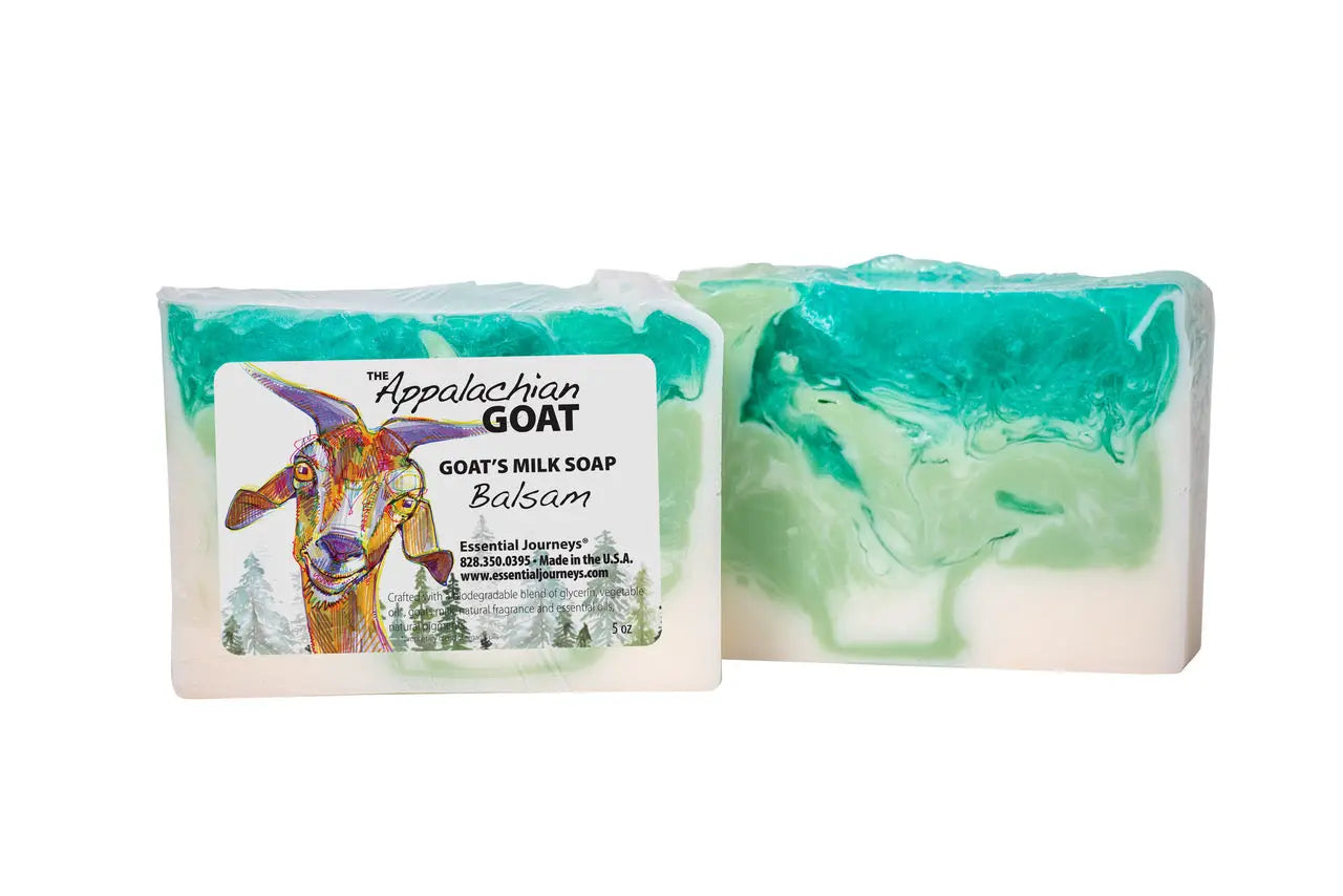 Balsam Goat's Milk Soap slice with green and white marbling, 5 oz, by Essential Journeys.