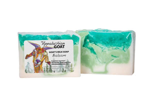 Balsam Goat's Milk Soap slice with green and white marbling, 5 oz, by Essential Journeys.