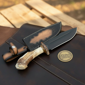 Black Coated Stag Handle Bowie Knife by Divine Knives — detail view 3