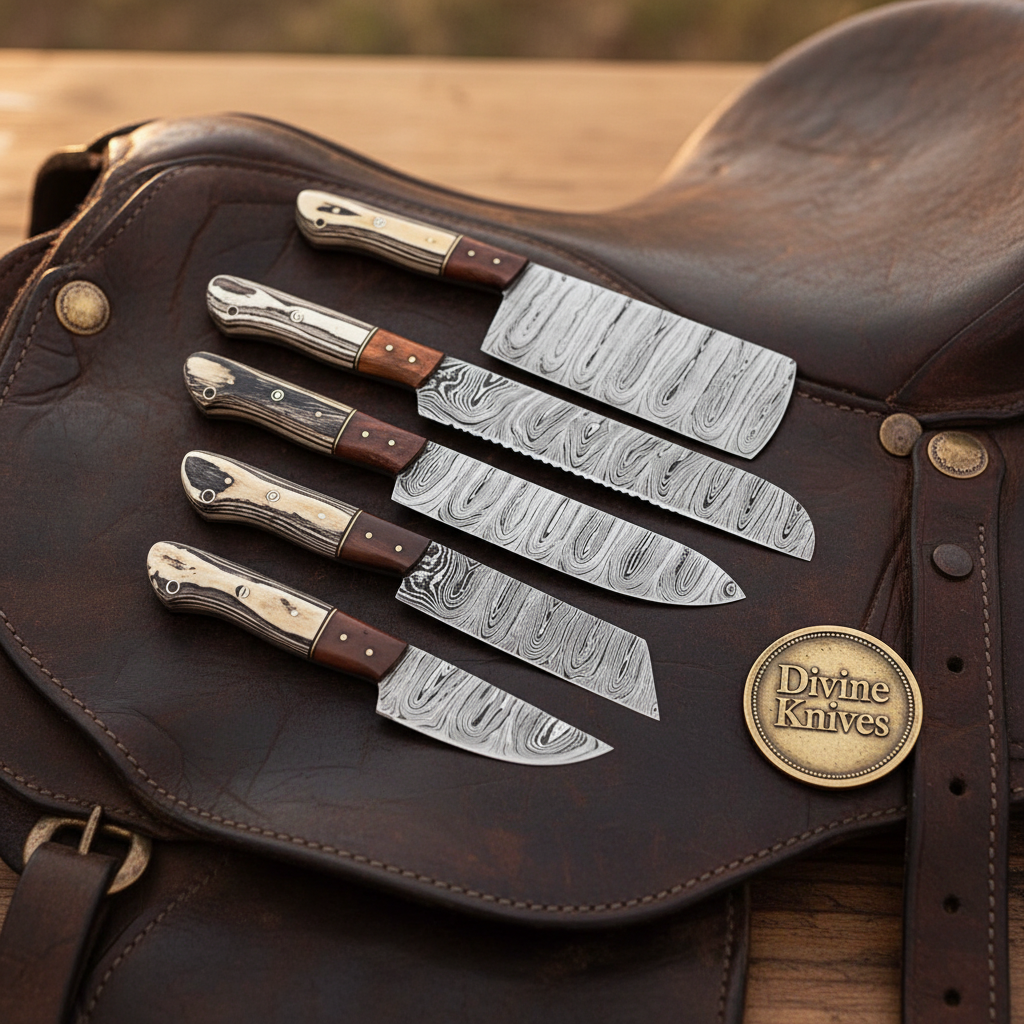 Stag Handle Butcher Knife Set of 5 with Rosewood Spacers and Forged Blades by Divine Knives