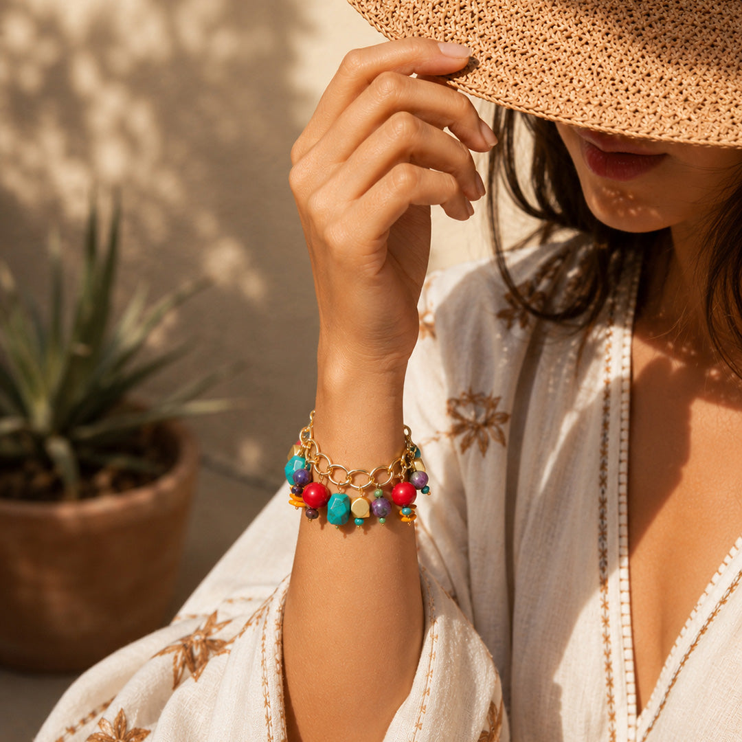 Zion Colorful Stone Charm Golden Bracelet