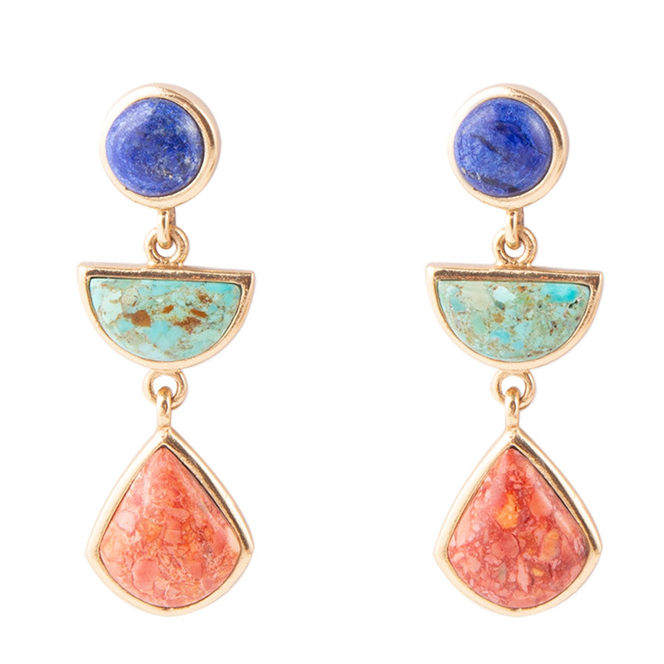 Blue Lapis Turquoise and Orange Sponge Coral Colorful Golden Drop Earrings by Barse Jewelry