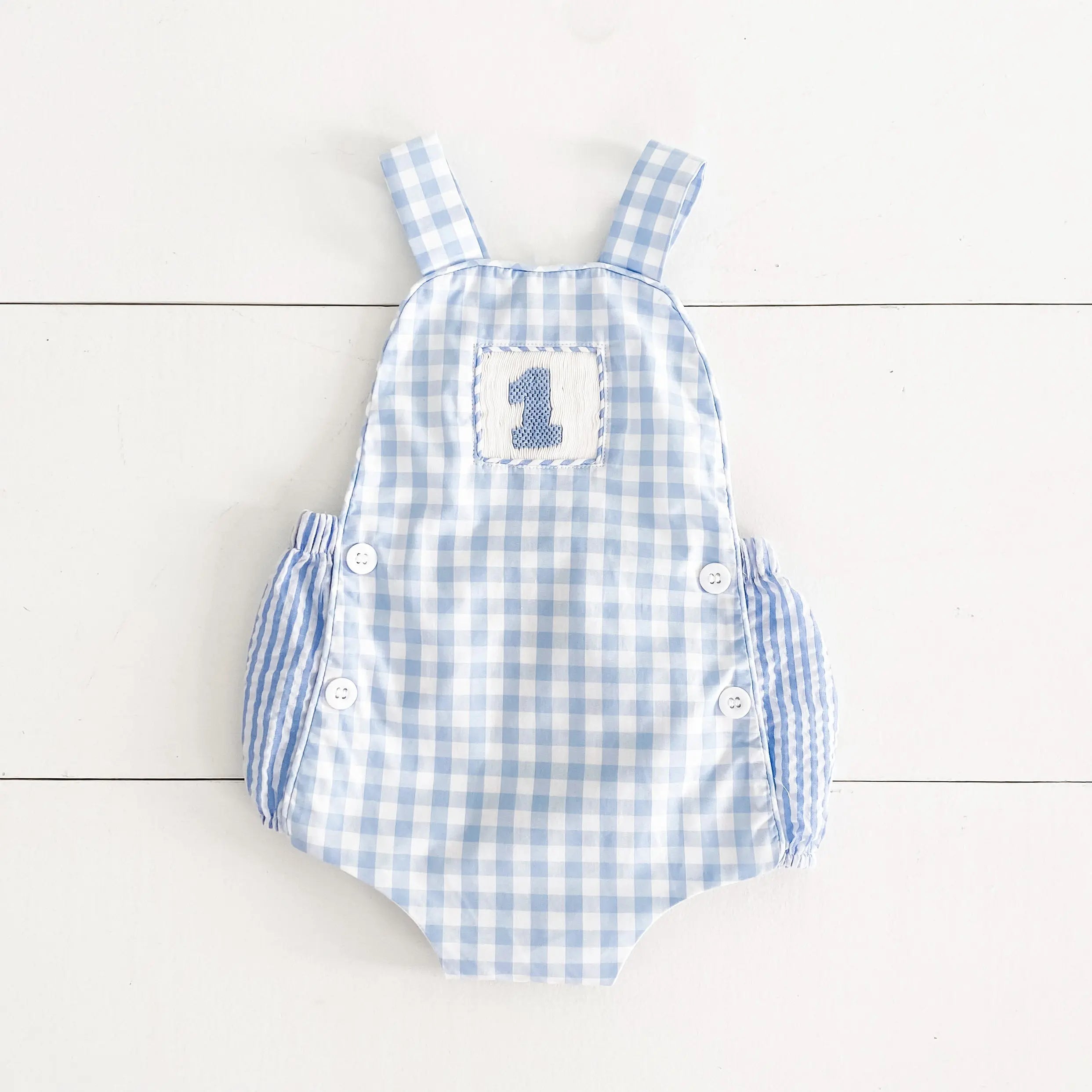 Baby Boy First Birthday Outfit – Smocked Blue Birthday Bubble Seven Lantern Lane