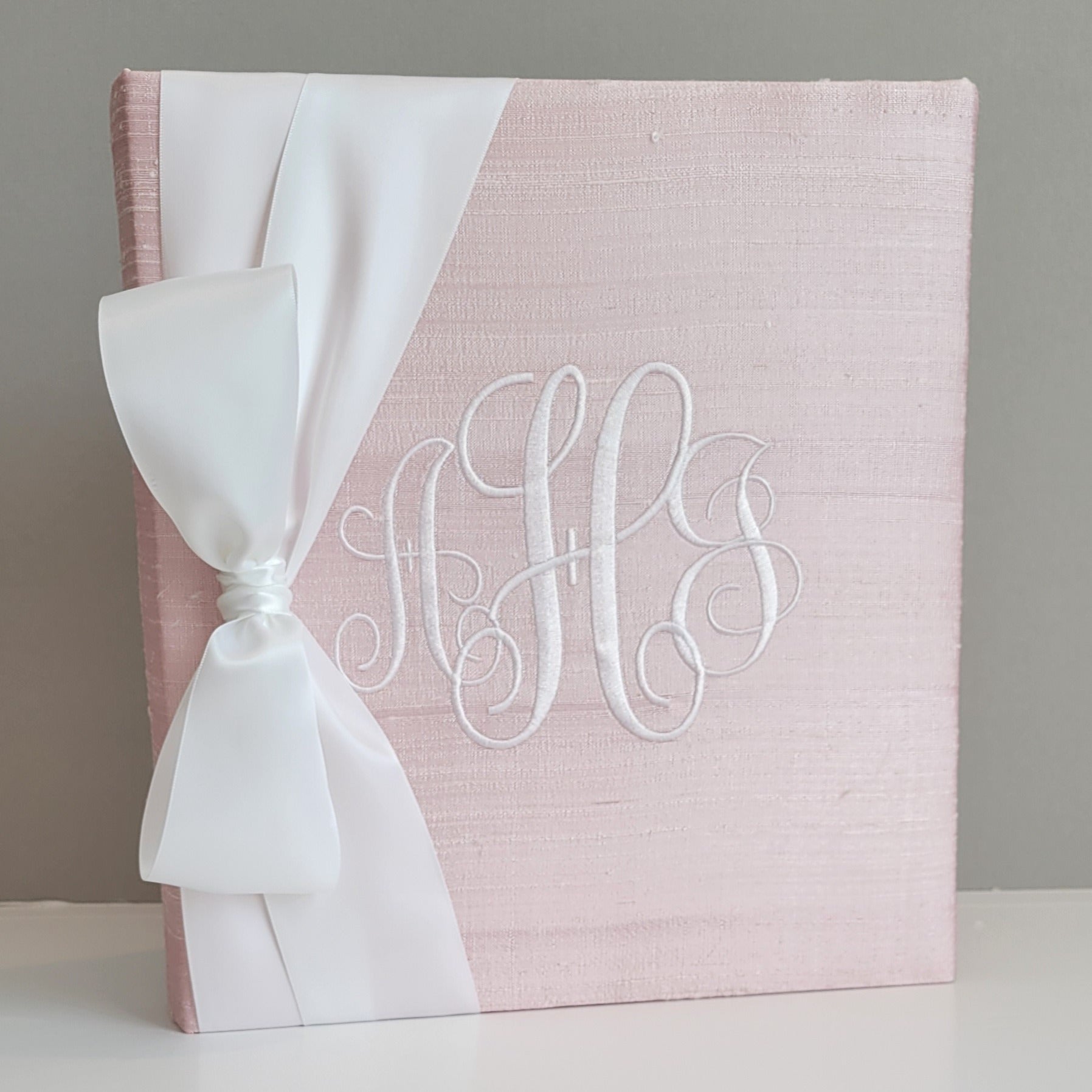 Pink silk handmade baby memory book with satin bow by AP Creations