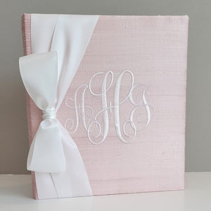 Pink silk handmade baby memory book with satin bow by AP Creations