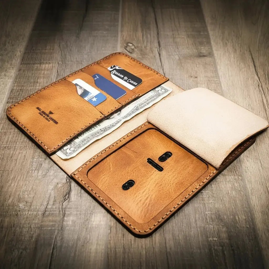 Brown leather long wallet with badge holder and card slots.