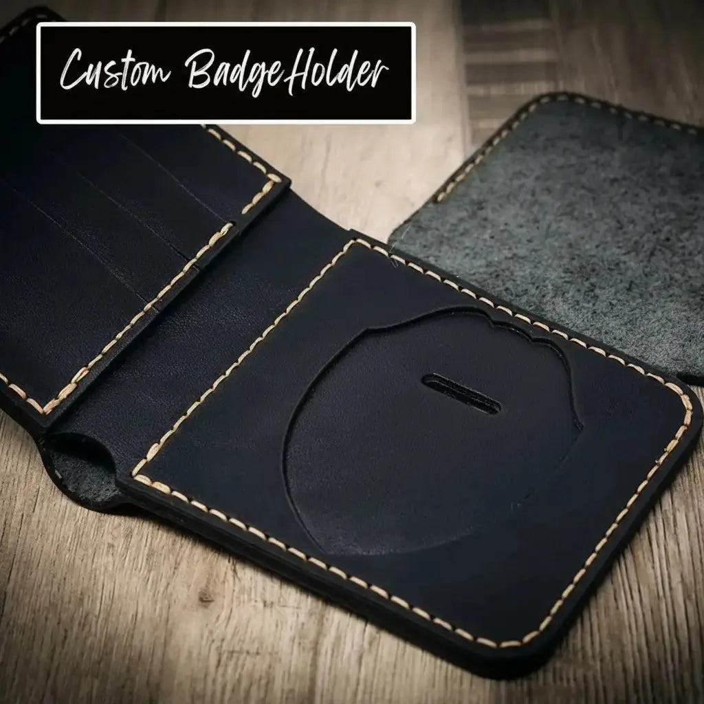 Black leather long wallet with card slots and a visible badge holder.