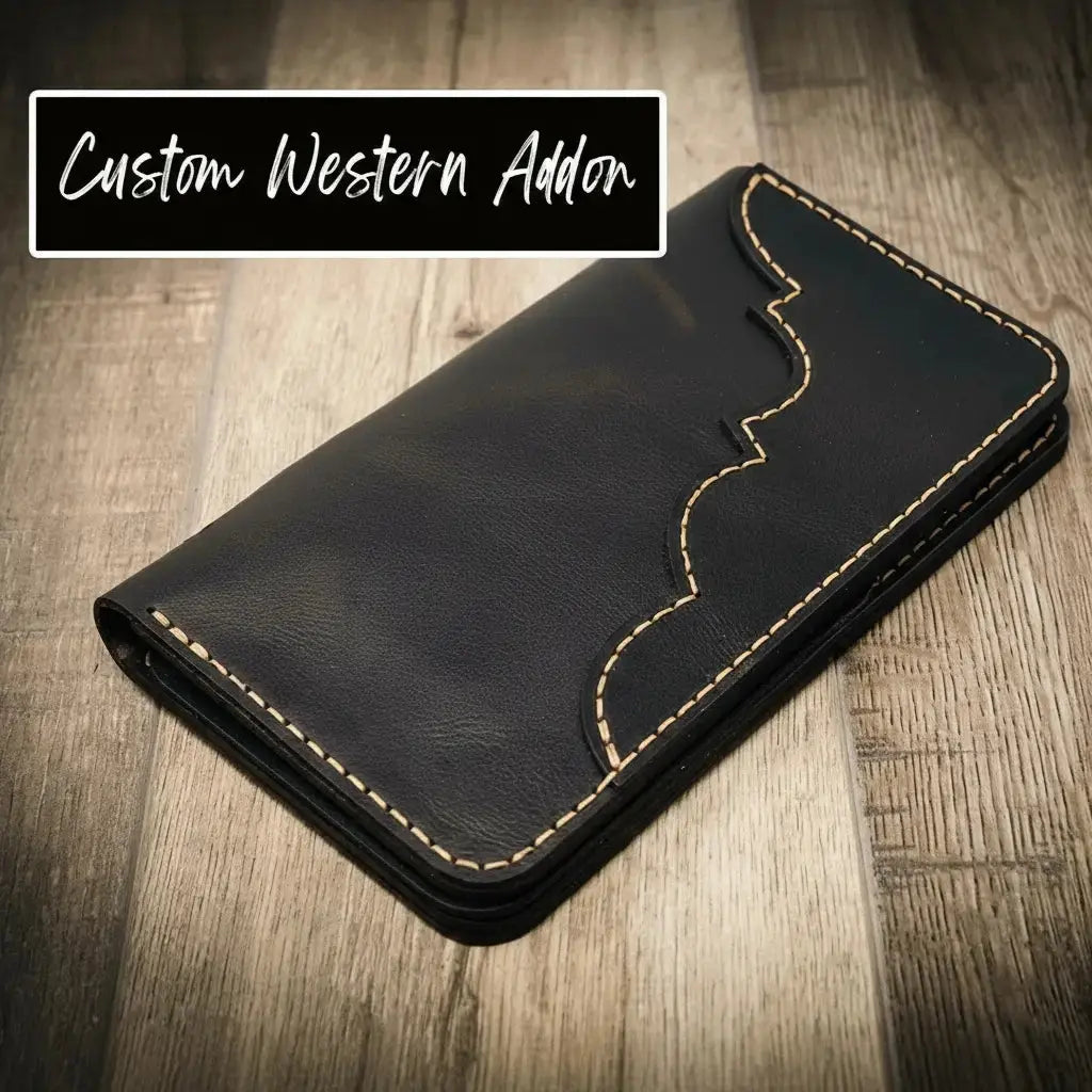 Black leather long wallet with decorative stitching and text overlay