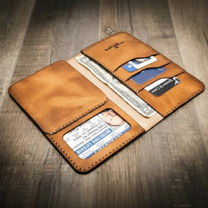 Brown leather long badge wallet with card slots and ID window.