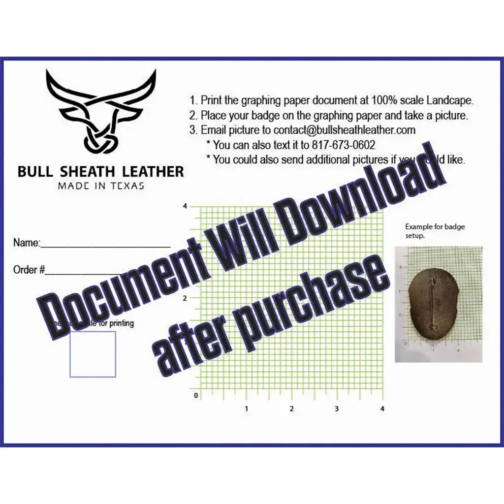 Badge order instructions with overlay text "Document Will Download after purchase"