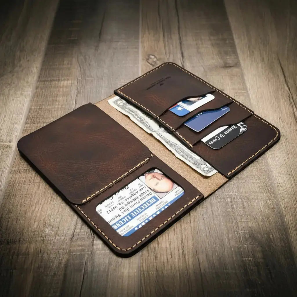 Brown leather long badge wallet with ID slot and card slots