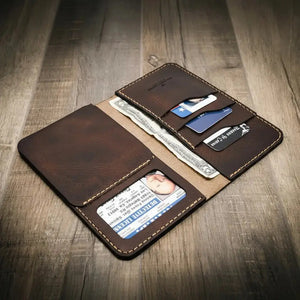 Brown leather long badge wallet with ID slot and card slots