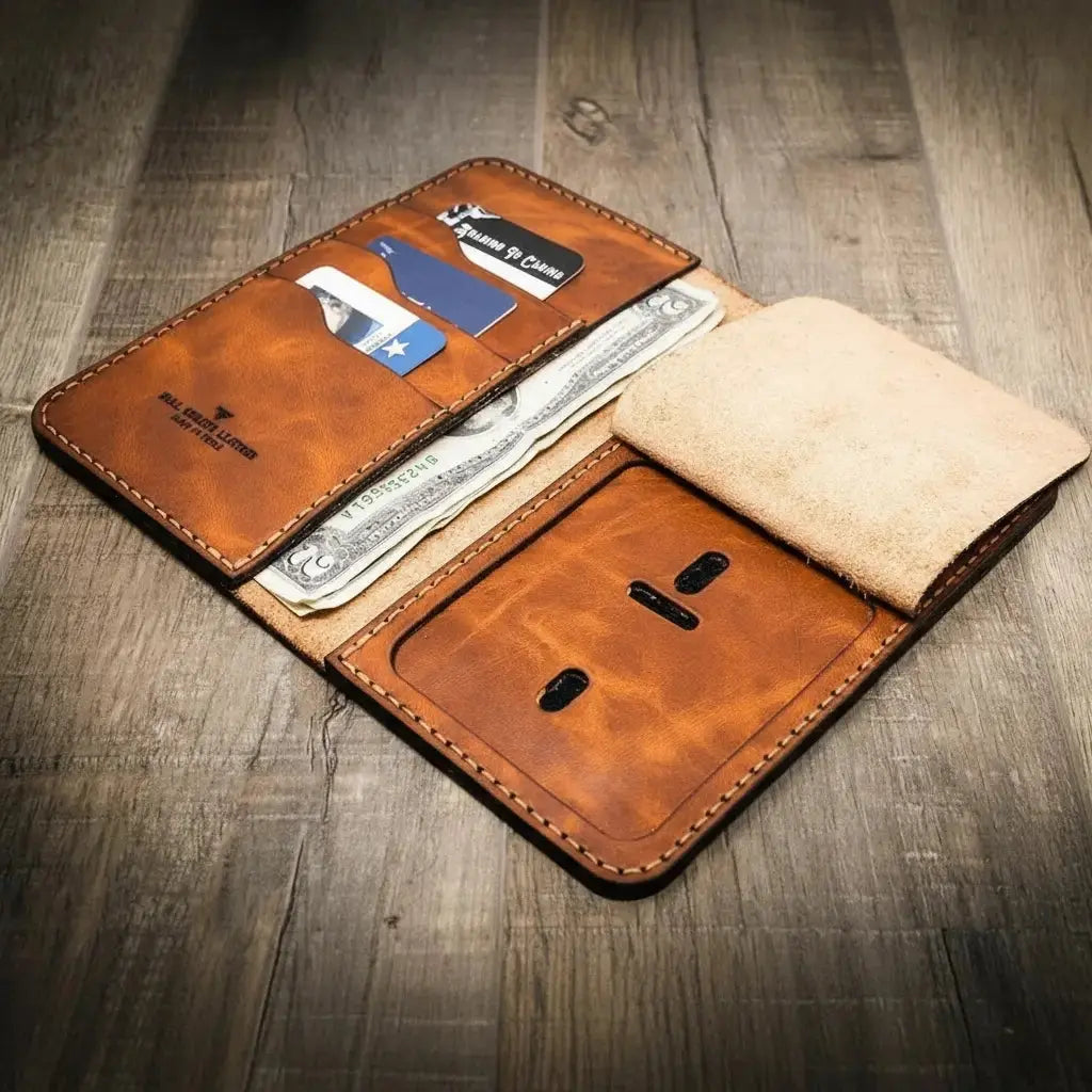 Brown leather long wallet with card slots, money pocket, and badge holder.