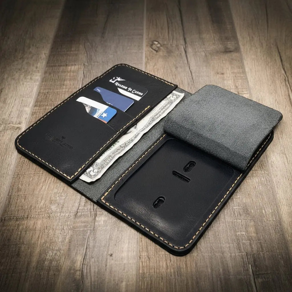 Black leather long badge wallet with card slots and a clear ID window.